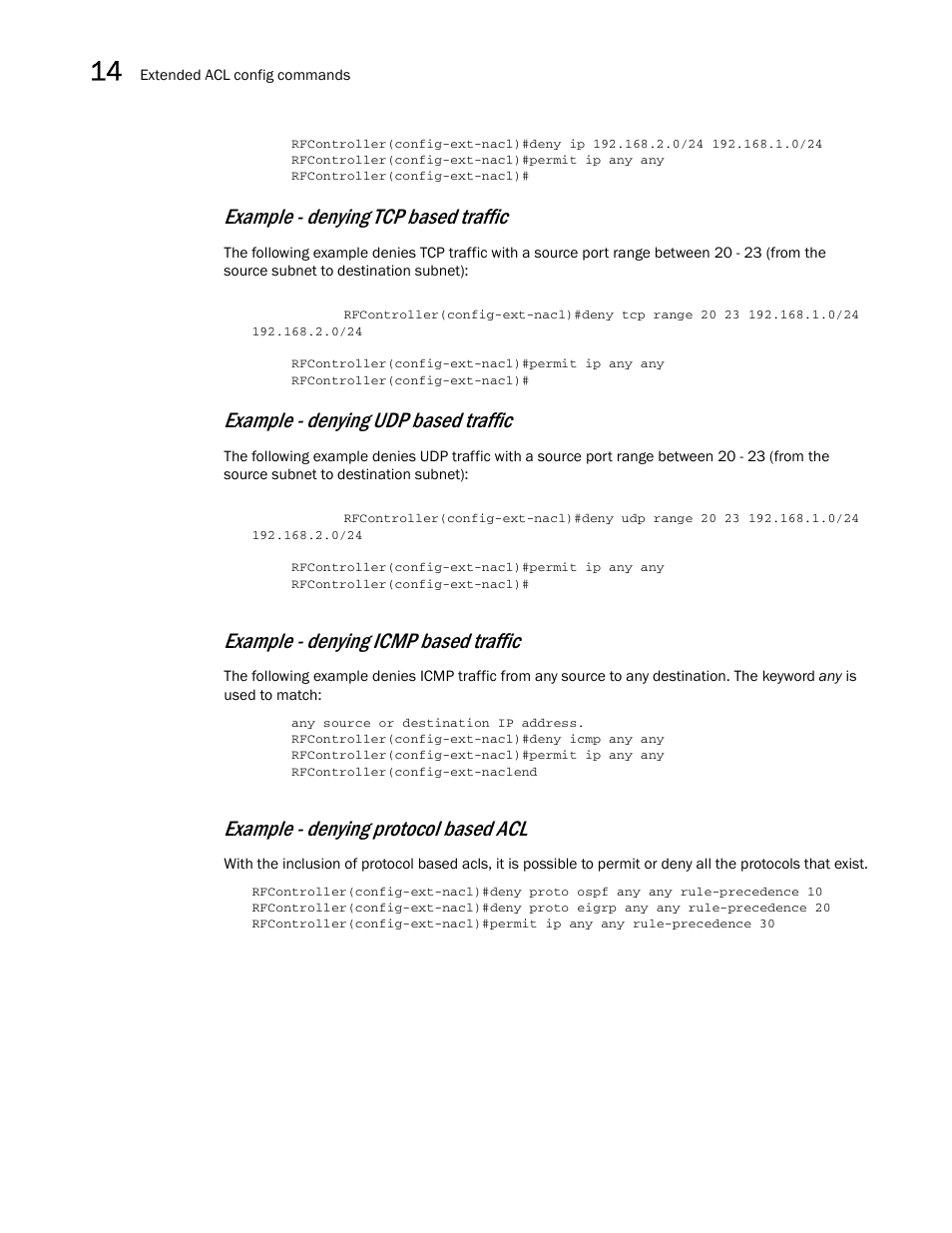 Example - denying tcp based traffic, Example - denying udp based traffic, Example - denying icmp based traffic | Example - denying protocol based acl | Brocade Communications Systems RFS6000 User Manual | Page 456 / 839