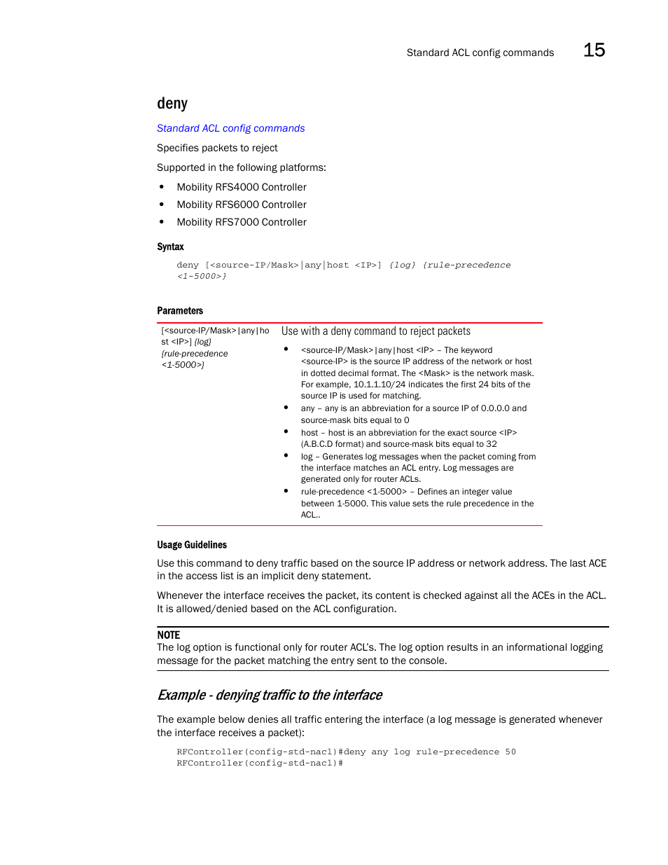 Deny, Example - denying traffic to the interface | Brocade Communications Systems RFS6000 User Manual | Page 475 / 839