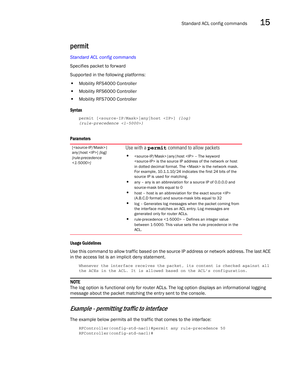 Permit, Example - permitting traffic to interface | Brocade Communications Systems RFS6000 User Manual | Page 483 / 839