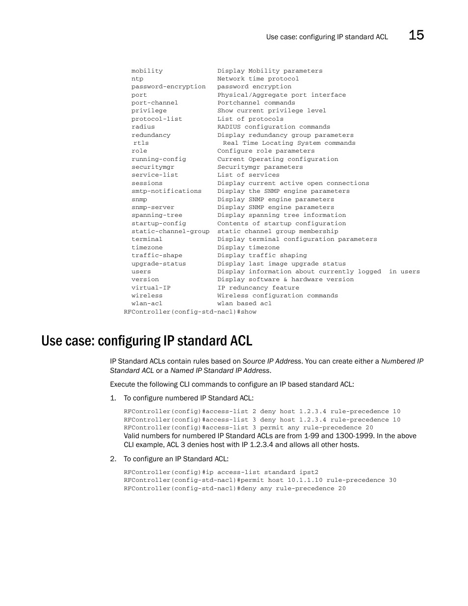 Use case: configuring ip standard acl | Brocade Communications Systems RFS6000 User Manual | Page 487 / 839