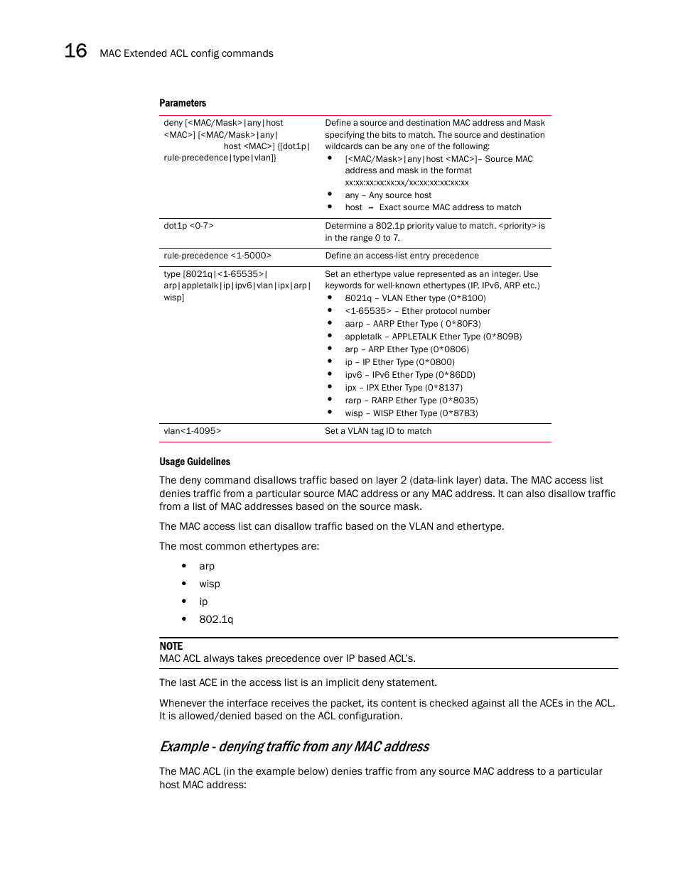 Example - denying traffic from any mac address | Brocade Communications Systems RFS6000 User Manual | Page 492 / 839