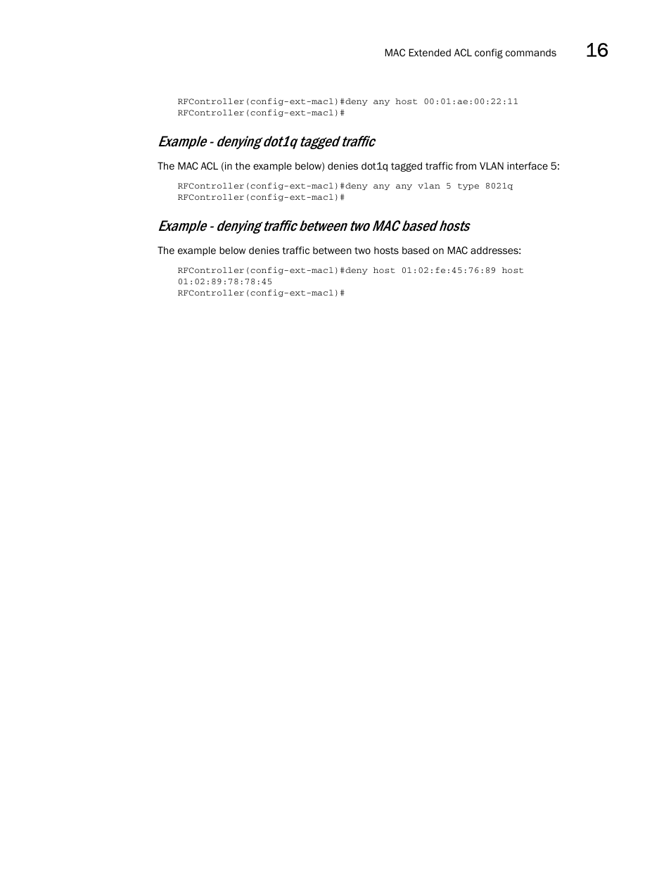 Example - denying dot1q tagged traffic | Brocade Communications Systems RFS6000 User Manual | Page 493 / 839