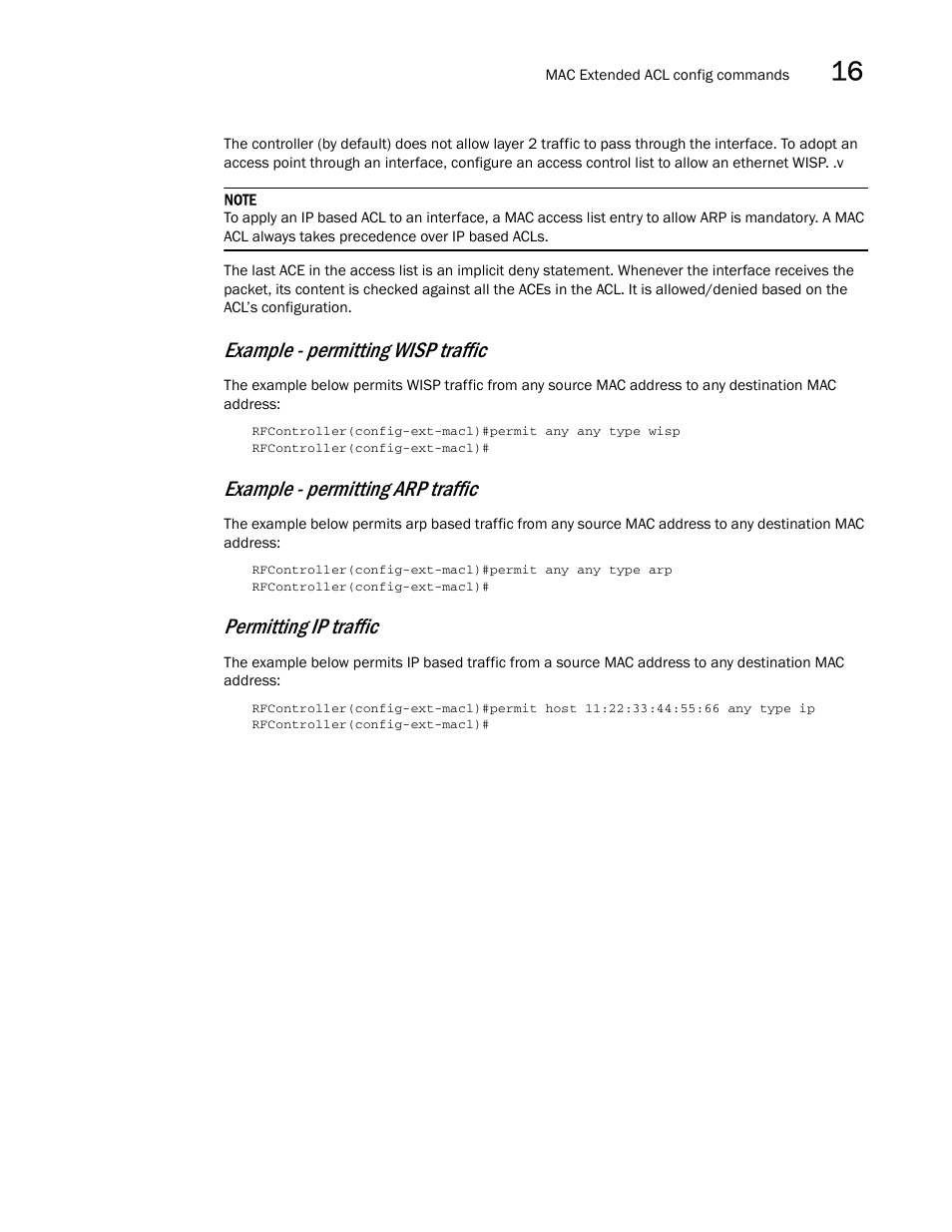 Example - permitting wisp traffic, Example - permitting arp traffic, Permitting ip traffic | Brocade Communications Systems RFS6000 User Manual | Page 503 / 839