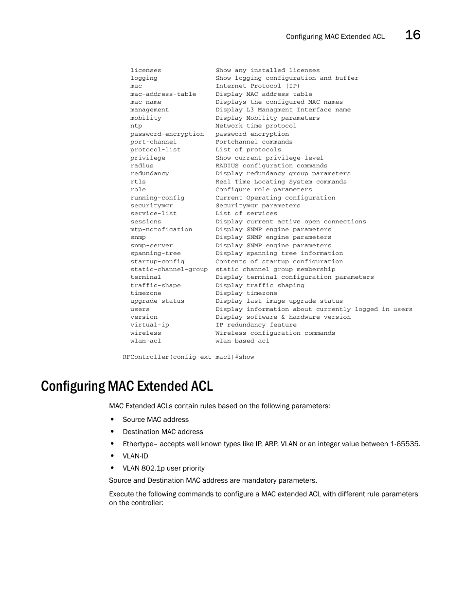 Configuring mac extended acl | Brocade Communications Systems RFS6000 User Manual | Page 507 / 839