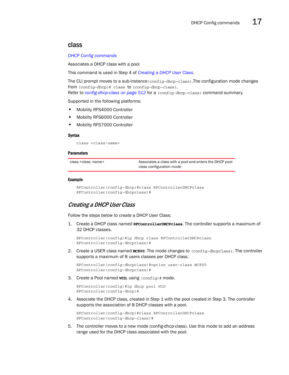 Class, Creating a dhcp user class | Brocade Communications Systems RFS6000 User Manual | Page 513 / 839