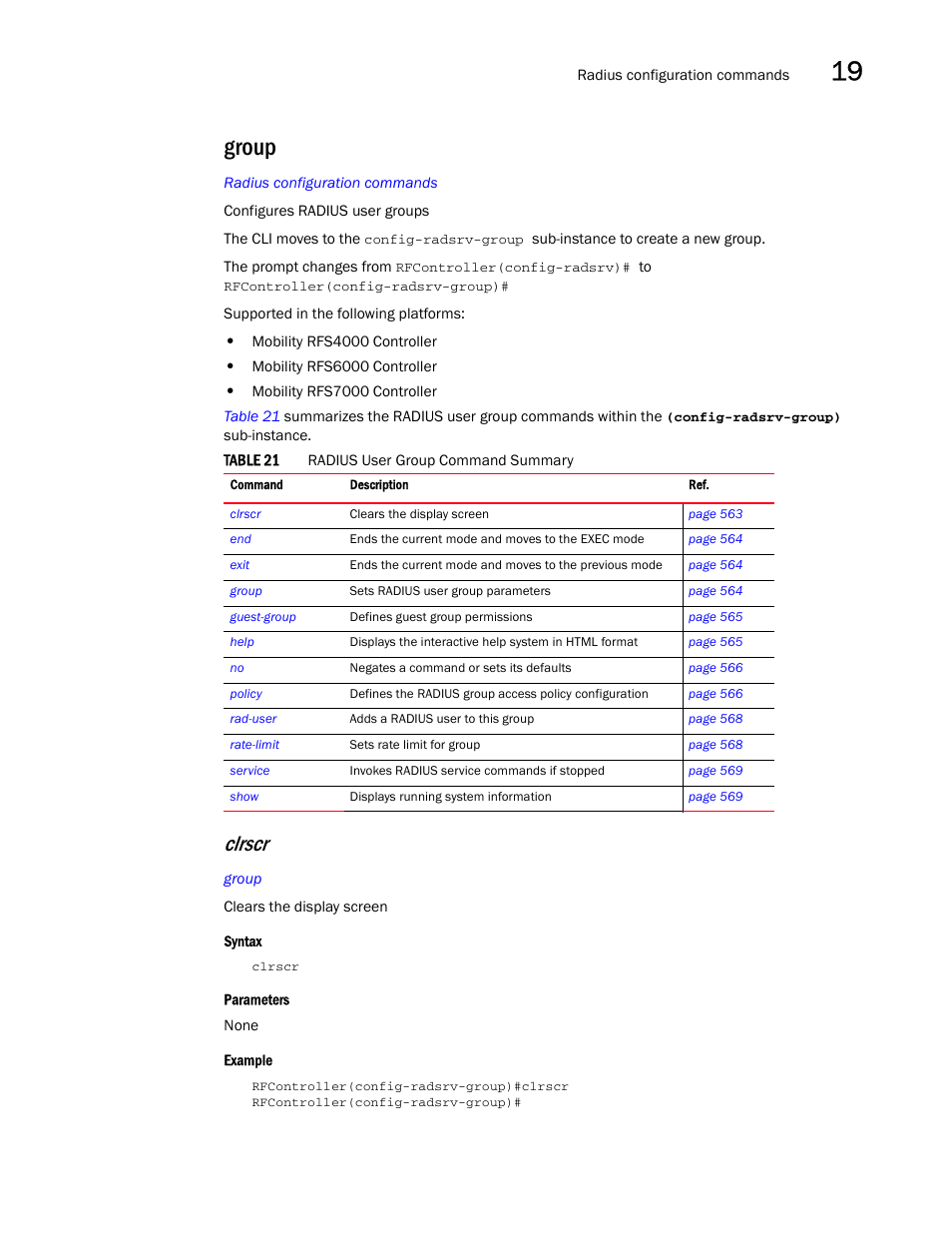 Group, Clrscr | Brocade Communications Systems RFS6000 User Manual | Page 565 / 839