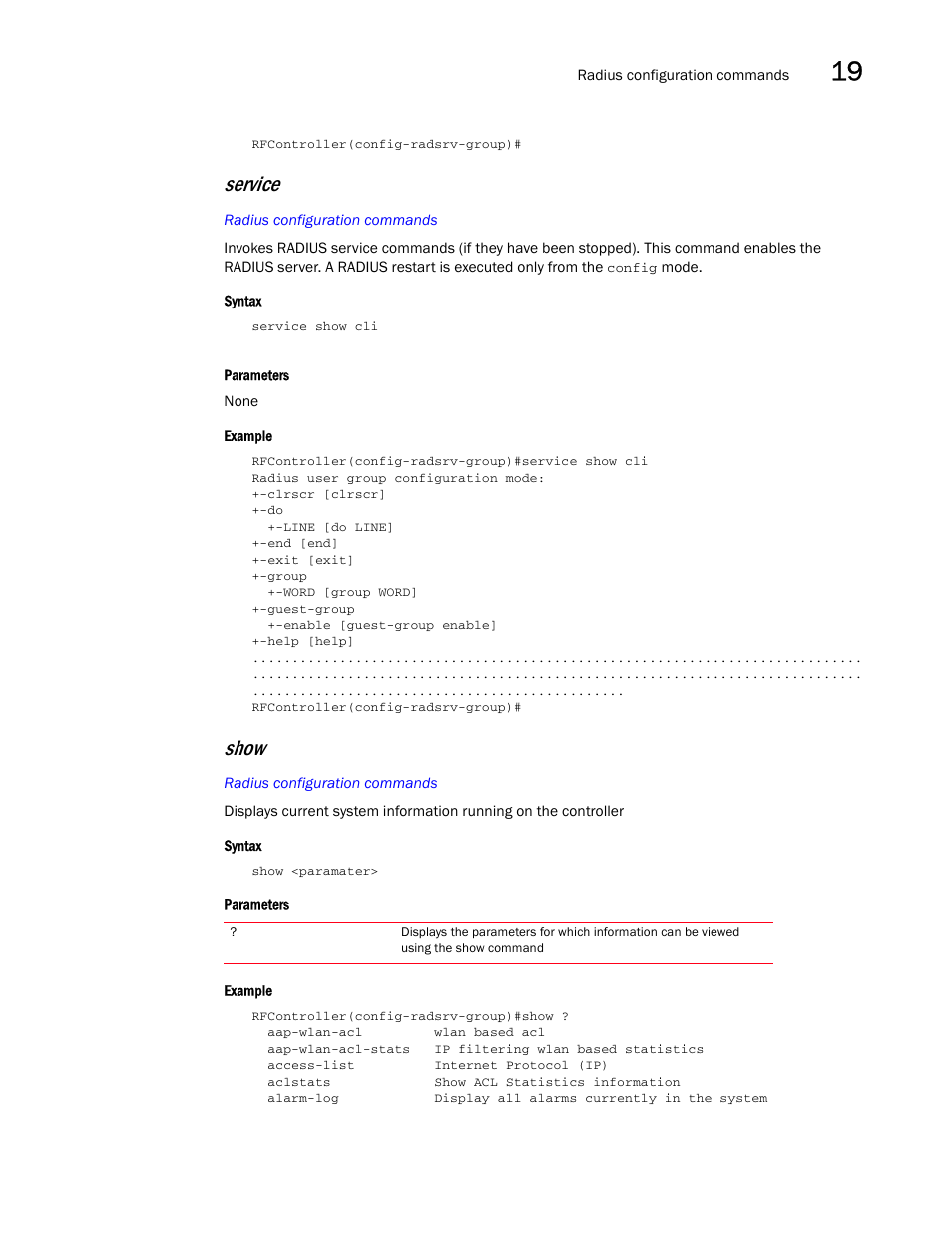 Service, Show | Brocade Communications Systems RFS6000 User Manual | Page 571 / 839