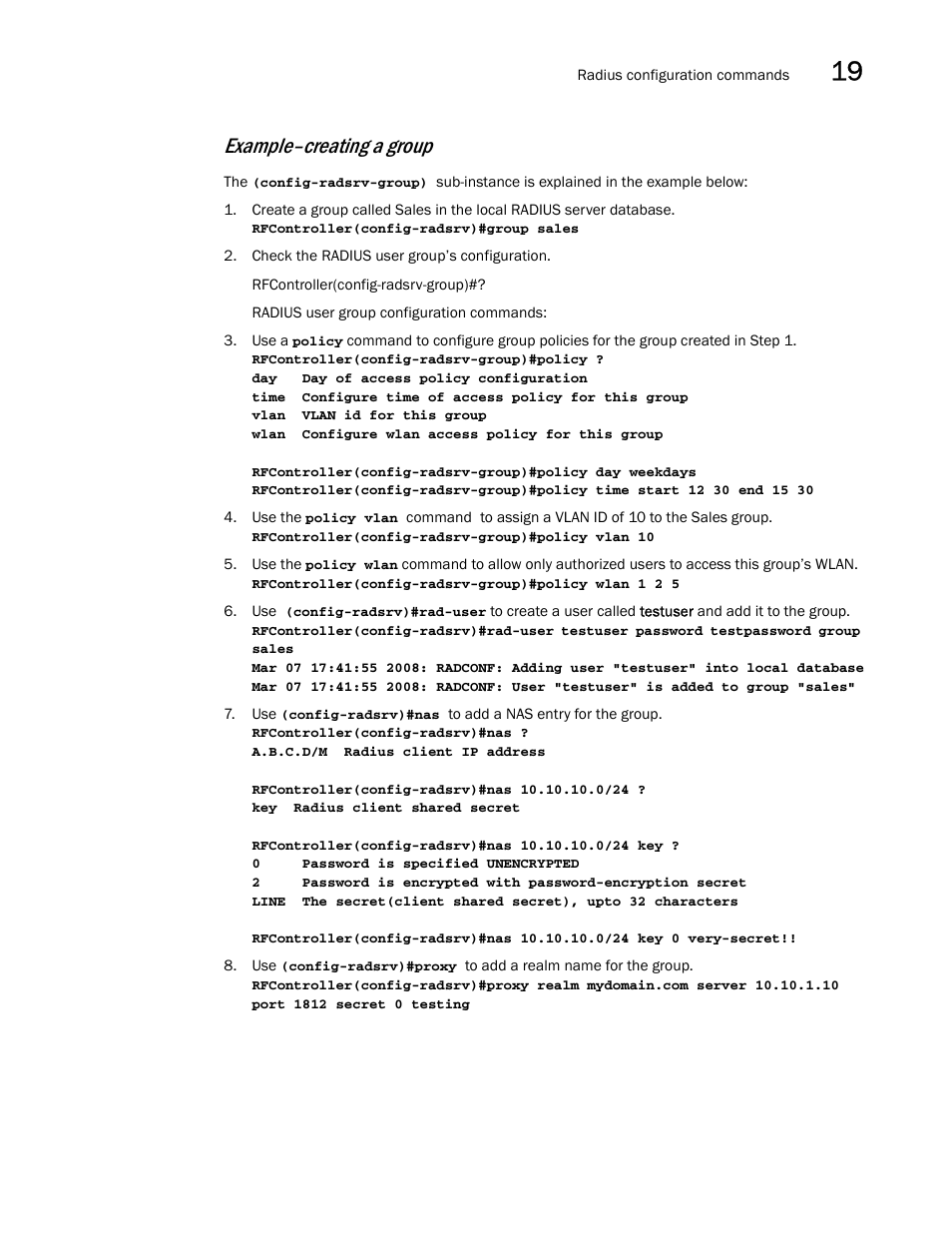 Example–creating a group | Brocade Communications Systems RFS6000 User Manual | Page 573 / 839