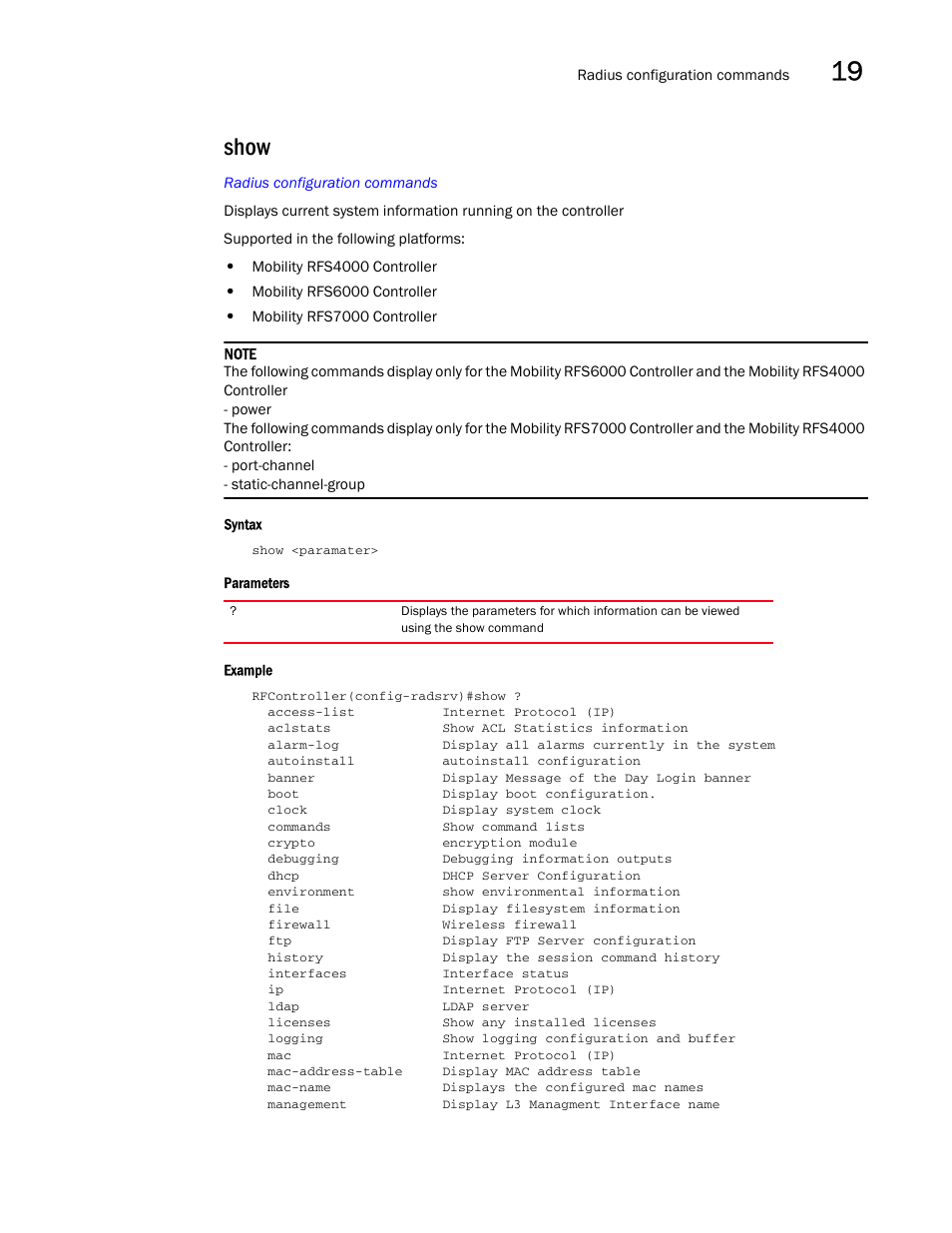 Show | Brocade Communications Systems RFS6000 User Manual | Page 587 / 839