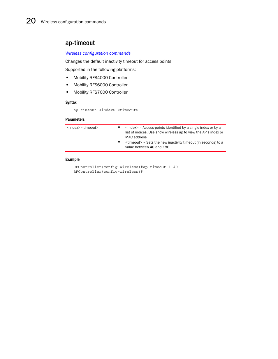 Ap-timeout | Brocade Communications Systems RFS6000 User Manual | Page 610 / 839