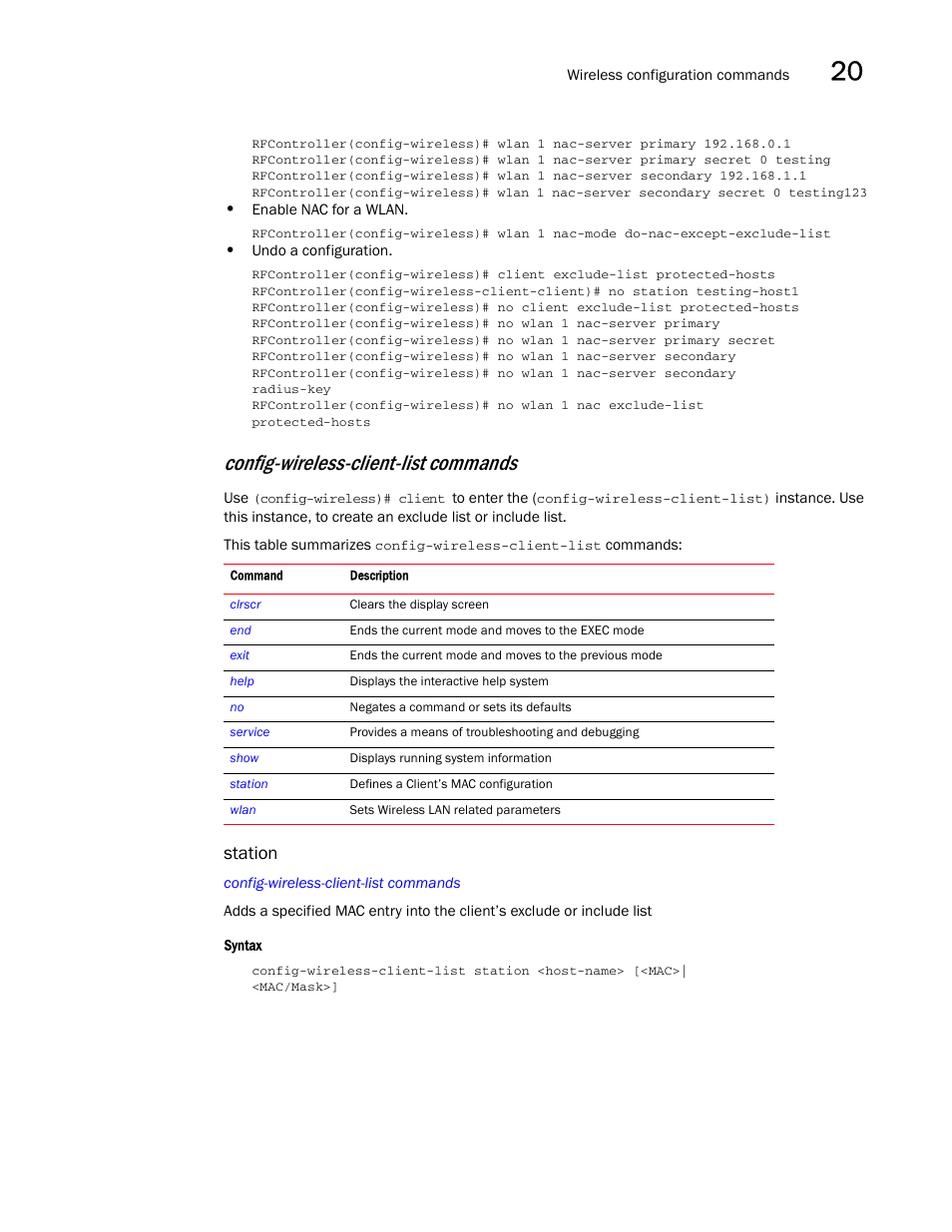 Config-wireless-client-list commands, Station | Brocade Communications Systems RFS6000 User Manual | Page 615 / 839