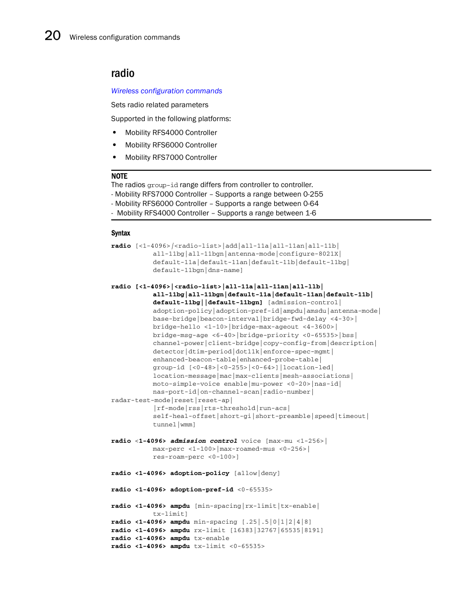 Radio | Brocade Communications Systems RFS6000 User Manual | Page 646 / 839