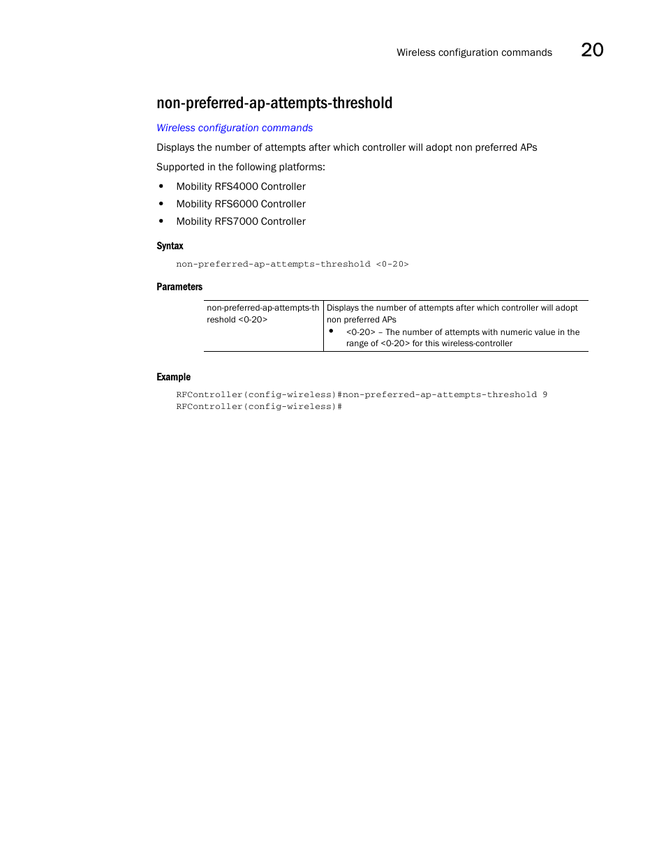 Non-preferred-ap-attempts-threshold | Brocade Communications Systems RFS6000 User Manual | Page 705 / 839