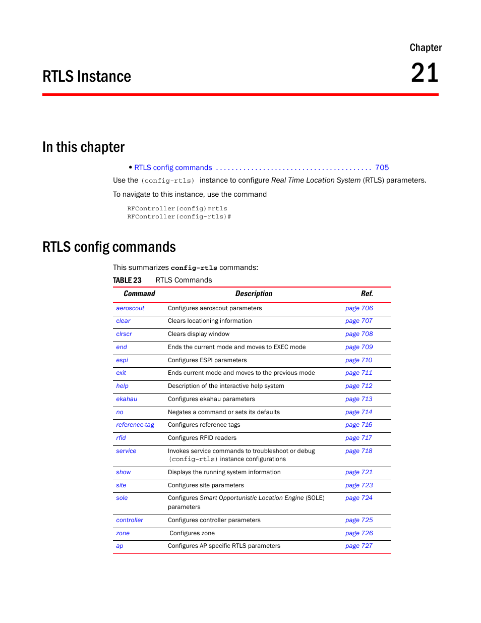 Rtls instance, In this chapter, Rtls config commands | 21 rtls instance, In this chapter rtls config commands, Chapter 21, “rtls instance, Chapter 21, rtls, Instance, The p, Chapter | Brocade Communications Systems RFS6000 User Manual | Page 707 / 839