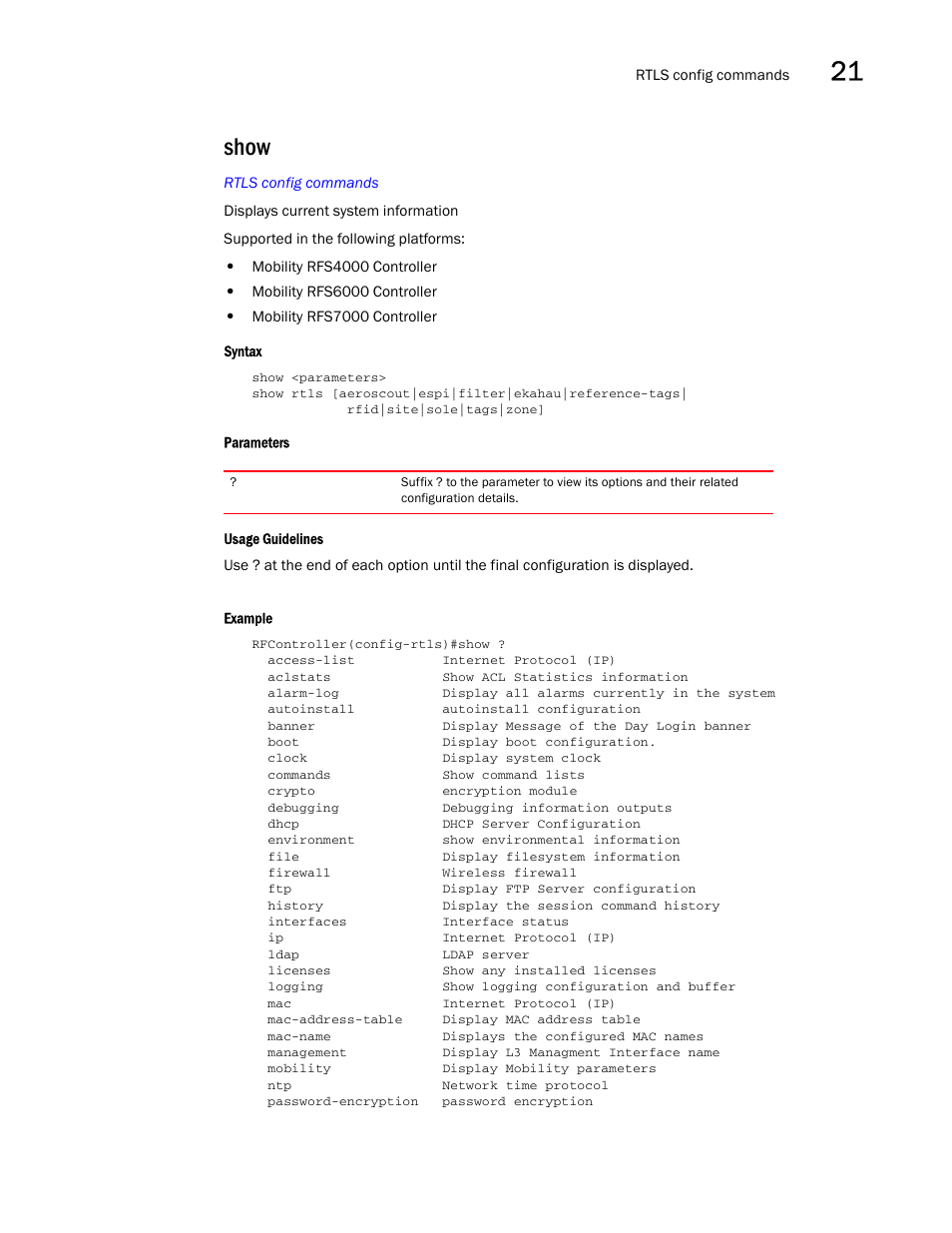 Show | Brocade Communications Systems RFS6000 User Manual | Page 723 / 839