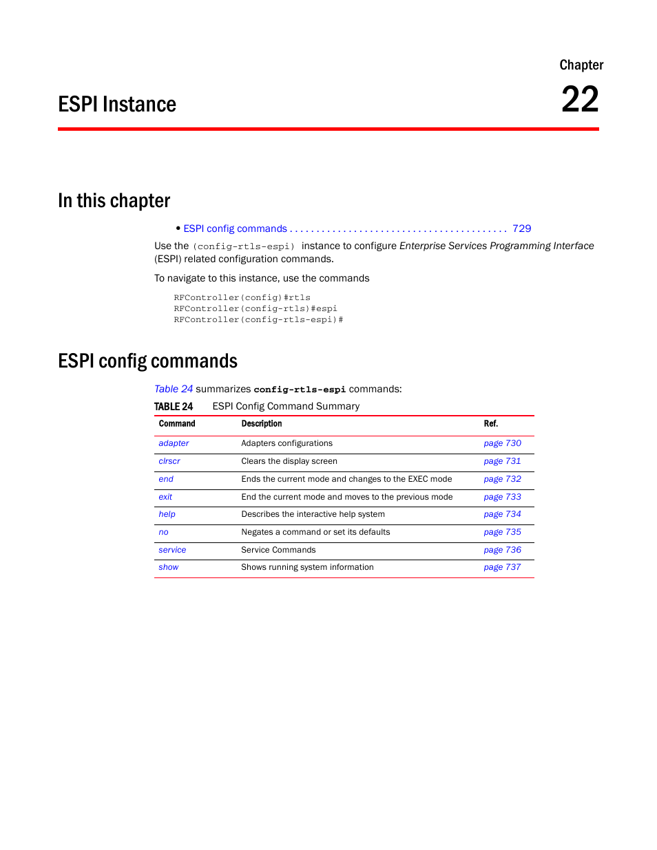Espi instance, In this chapter, Espi config commands | 22 espi instance, In this chapter espi config commands, Chapter 22, “espi instance, Espi, Chapter | Brocade Communications Systems RFS6000 User Manual | Page 731 / 839