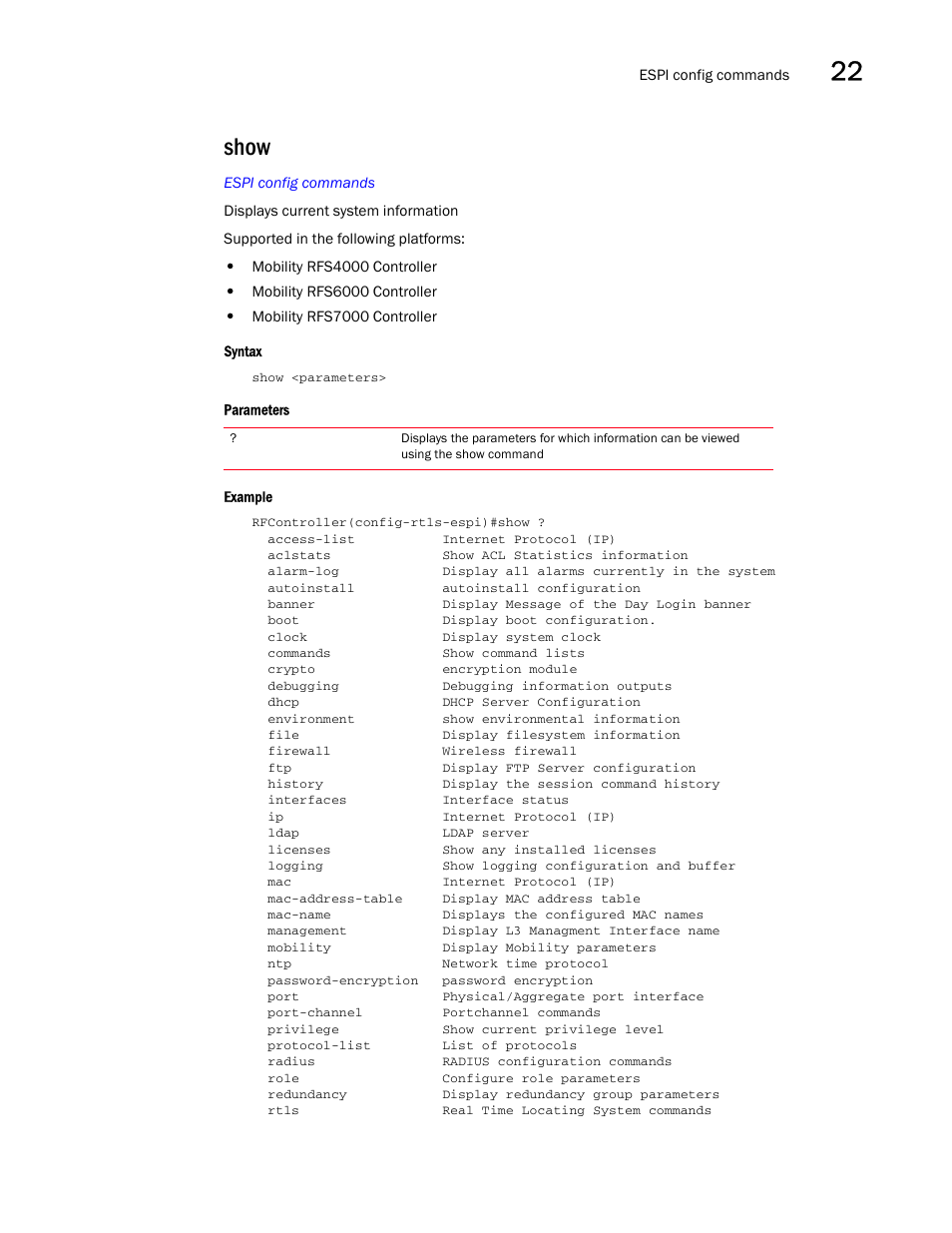 Show | Brocade Communications Systems RFS6000 User Manual | Page 739 / 839