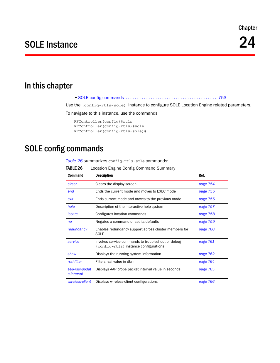 Sole instance, In this chapter, Sole config commands | 24 sole instance, In this chapter sole config commands, Chapter 24, “sole instance, Sole, Chapter | Brocade Communications Systems RFS6000 User Manual | Page 755 / 839