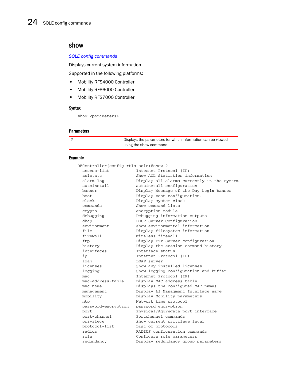 Show | Brocade Communications Systems RFS6000 User Manual | Page 764 / 839