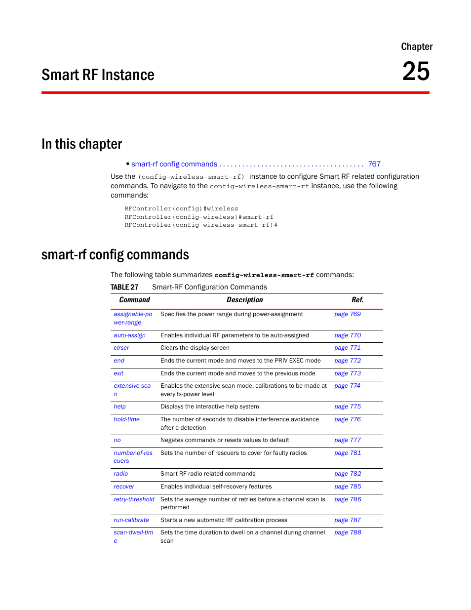 Smart rf instance, In this chapter, Smart-rf config commands | 25 smart rf instance, In this chapter smart-rf config commands, Chapter 25, “smart rf instance, Chapter, 25, smart rf instance | Brocade Communications Systems RFS6000 User Manual | Page 769 / 839