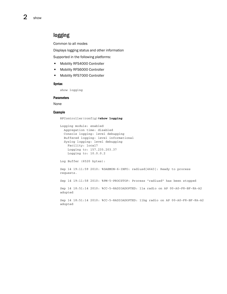 Logging | Brocade Communications Systems RFS6000 User Manual | Page 80 / 839