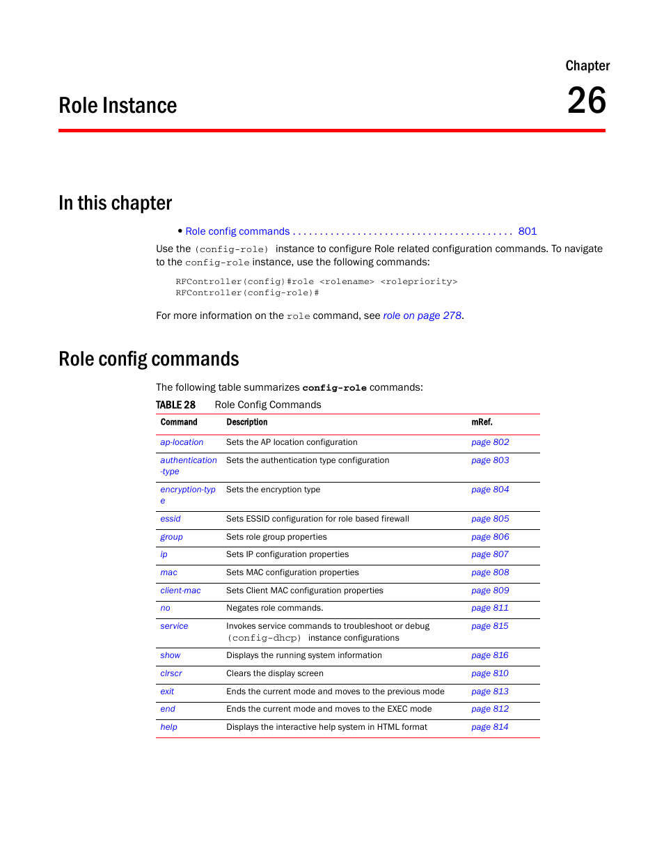 Role instance, In this chapter, Role config commands | 26 role instance, In this chapter role config commands, Chapter 26, “role instance, Chapter | Brocade Communications Systems RFS6000 User Manual | Page 803 / 839