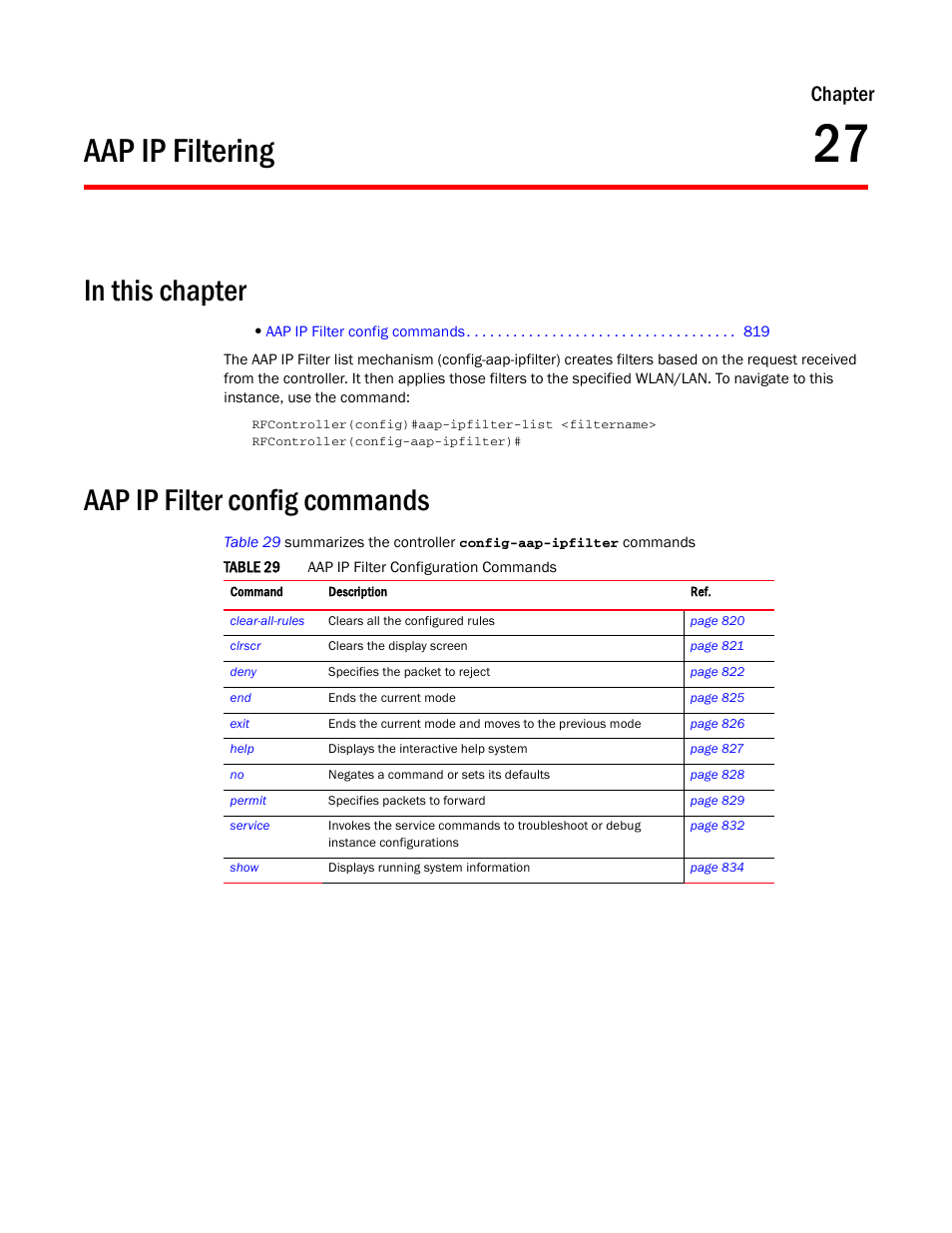 Aap ip filtering, In this chapter, Aap ip filter config commands | 27 aap ip filtering, In this chapter aap ip filter config commands, Chapter, 27, aap ip filtering | Brocade Communications Systems RFS6000 User Manual | Page 821 / 839