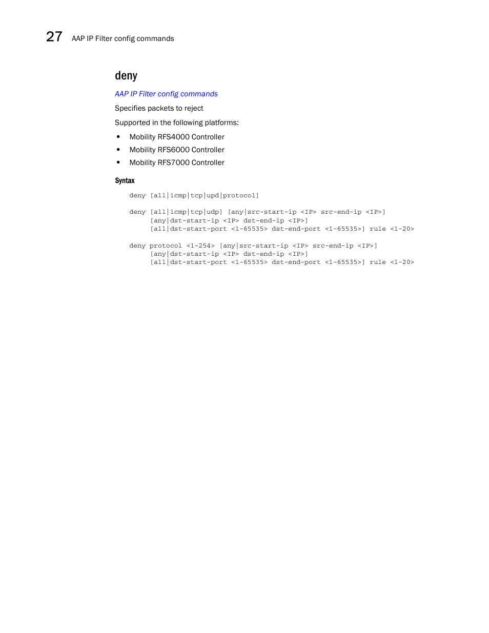 Deny | Brocade Communications Systems RFS6000 User Manual | Page 824 / 839