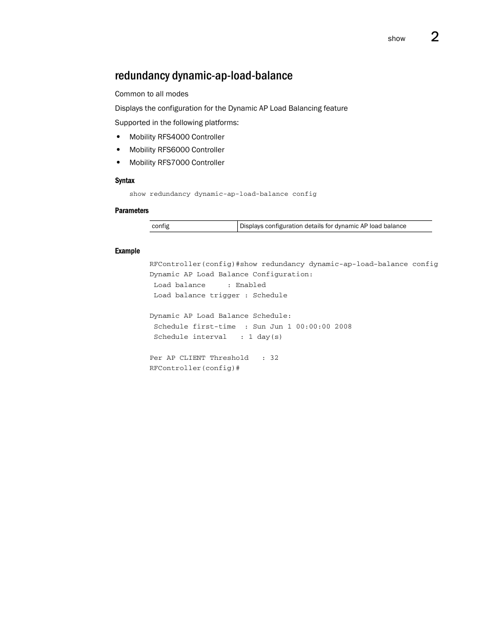 Redundancy dynamic-ap-load-balance, Redundancy dynamic-ap-load-bal ance | Brocade Communications Systems RFS6000 User Manual | Page 91 / 839