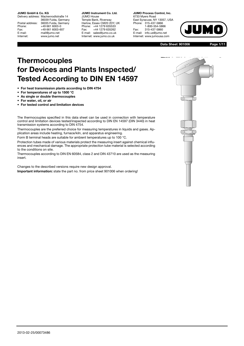 JUMO 901006 Thermocouples for DIN EN 14597 Tested Devices and Plants Data Sheet User Manual | 11 pages