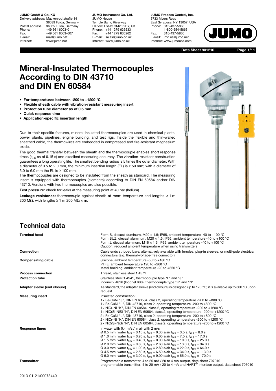 JUMO 901210 Mineral-Insulated Thermocouple with Bare Connection Wires According to DIN 43710 and DIN EN 60584 Data Sheet User Manual | 11 pages