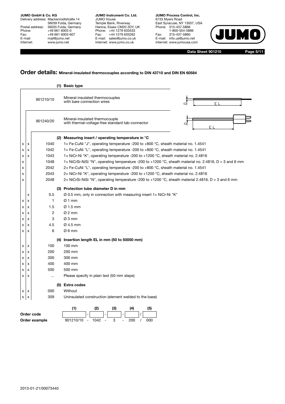 Order details | JUMO 901210 Mineral-Insulated Thermocouple with Bare Connection Wires According to DIN 43710 and DIN EN 60584 Data Sheet User Manual | Page 5 / 11