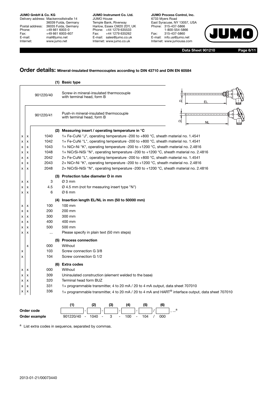 Order details | JUMO 901210 Mineral-Insulated Thermocouple with Bare Connection Wires According to DIN 43710 and DIN EN 60584 Data Sheet User Manual | Page 6 / 11