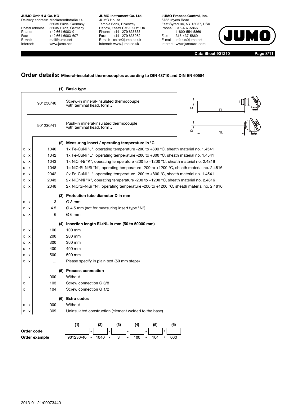 Order details | JUMO 901210 Mineral-Insulated Thermocouple with Bare Connection Wires According to DIN 43710 and DIN EN 60584 Data Sheet User Manual | Page 8 / 11