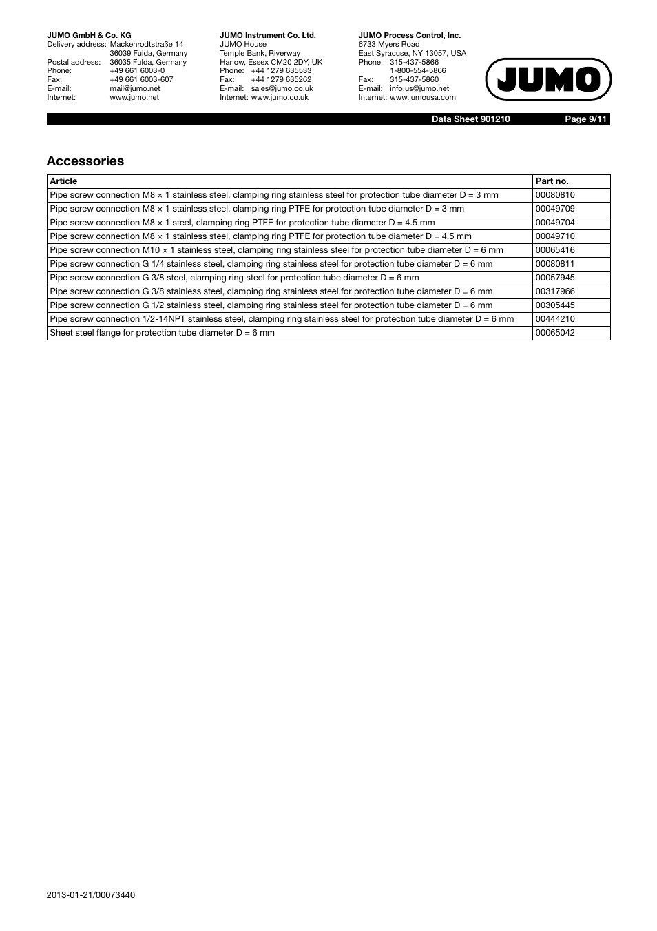 Accessories | JUMO 901210 Mineral-Insulated Thermocouple with Bare Connection Wires According to DIN 43710 and DIN EN 60584 Data Sheet User Manual | Page 9 / 11