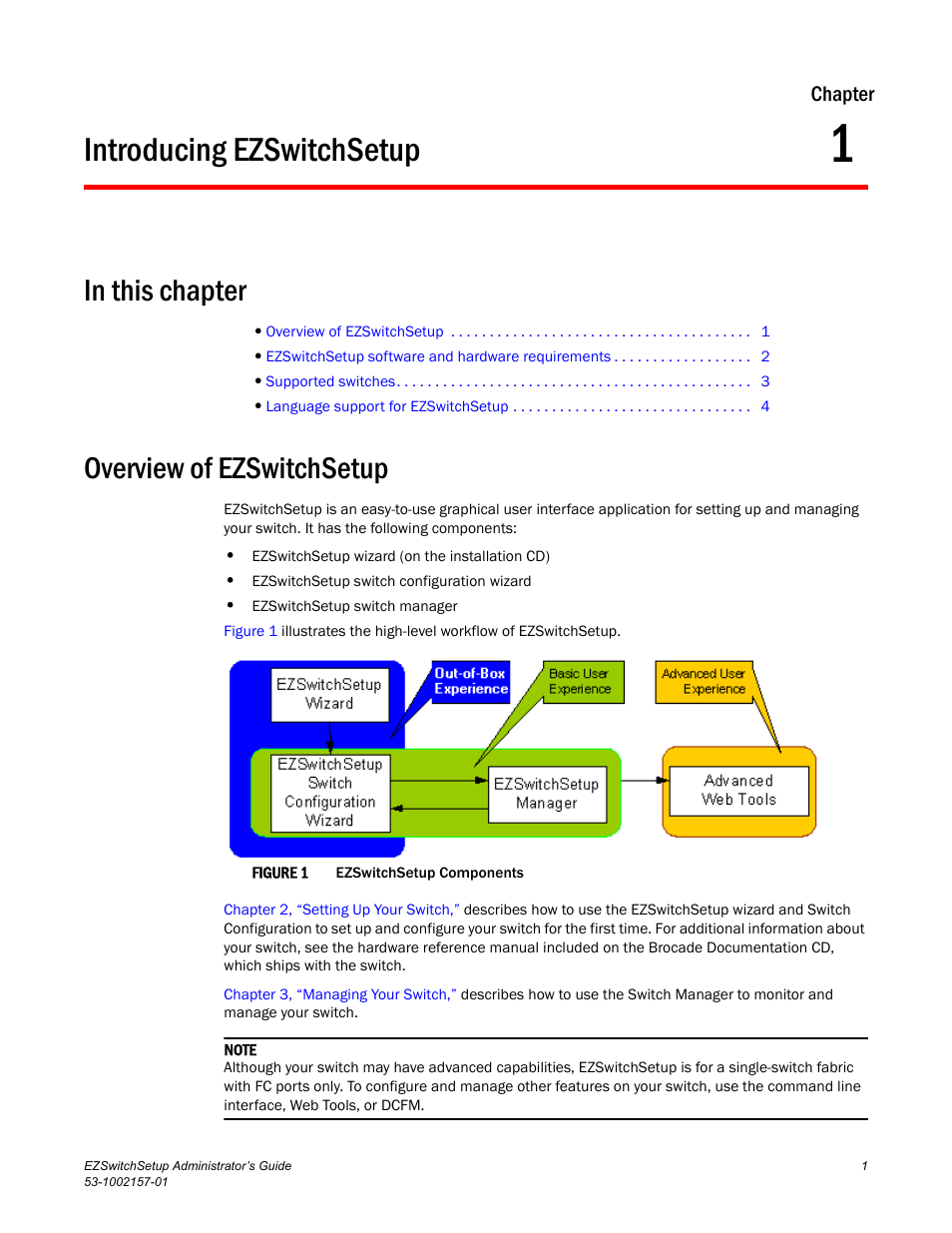 Introducing ezswitchsetup, In this chapter, Overview of ezswitchsetup | Chapter 1, Chapter 1, “introducing ezswitchsetup | Brocade Communications Systems Brocade EZSwitchSetup 5100 User Manual | Page 13 / 64