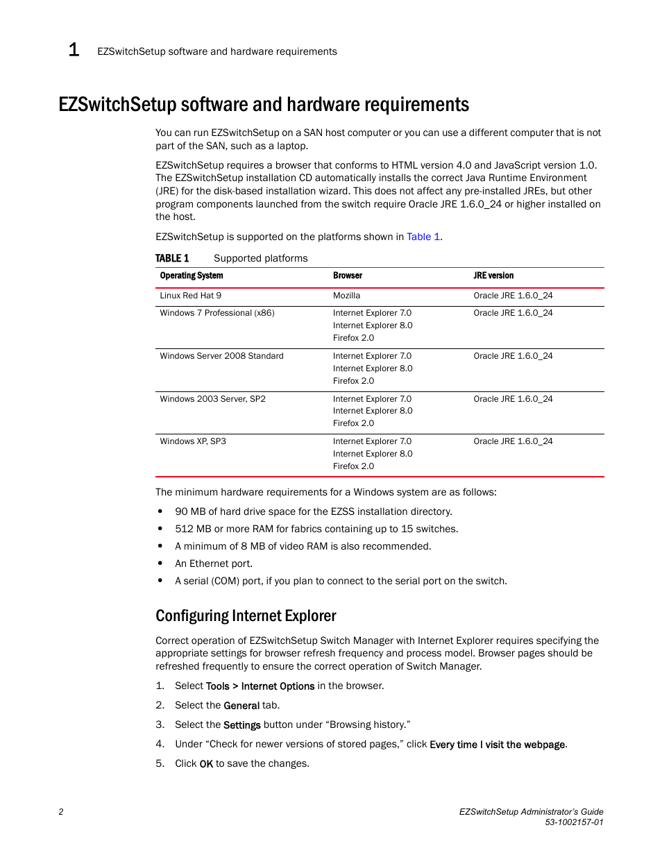 Ezswitchsetup software and hardware requirements, Configuring internet explorer | Brocade Communications Systems Brocade EZSwitchSetup 5100 User Manual | Page 14 / 64