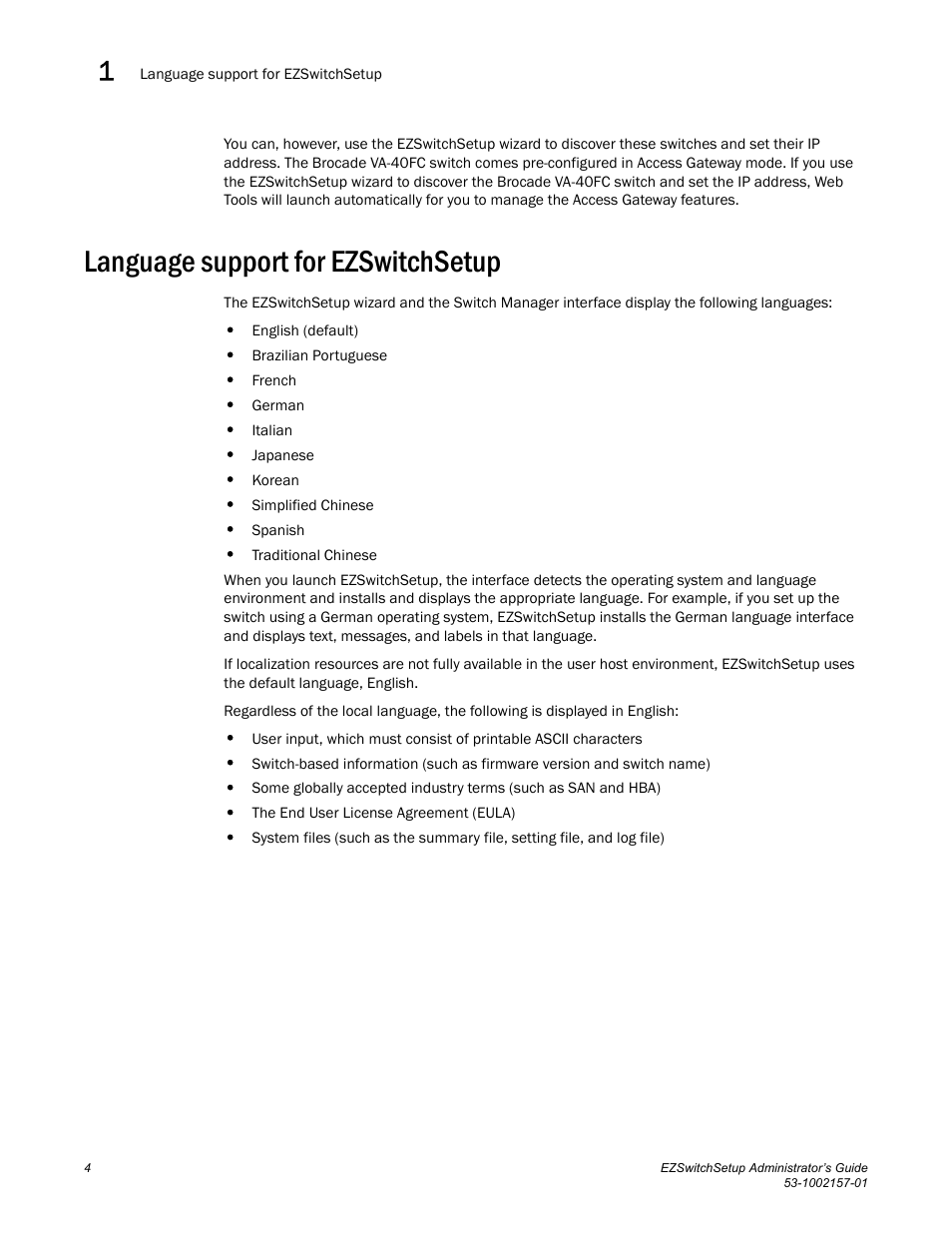 Language support for ezswitchsetup | Brocade Communications Systems Brocade EZSwitchSetup 5100 User Manual | Page 16 / 64