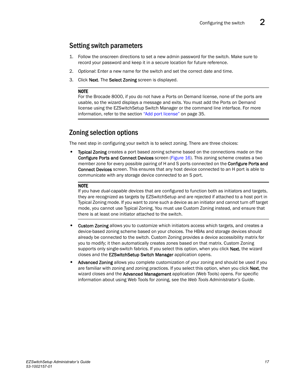 Setting switch parameters, Zoning selection options | Brocade Communications Systems Brocade EZSwitchSetup 5100 User Manual | Page 29 / 64