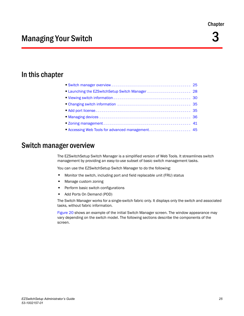 Managing your switch, In this chapter, Switch manager overview | Chapter 3, Chapter 3, “managing your switch | Brocade Communications Systems Brocade EZSwitchSetup 5100 User Manual | Page 37 / 64