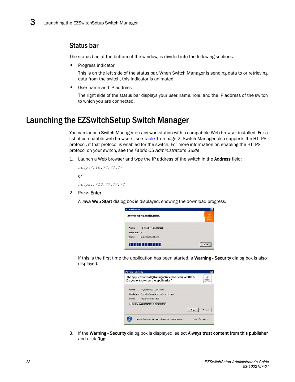 Status bar, Launching the ezswitchsetup switch manager | Brocade Communications Systems Brocade EZSwitchSetup 5100 User Manual | Page 40 / 64