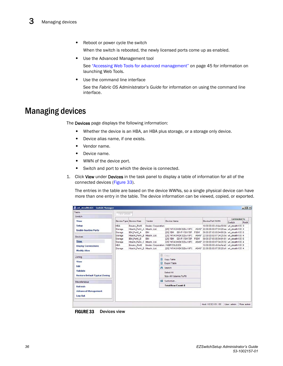 Managing devices | Brocade Communications Systems Brocade EZSwitchSetup 5100 User Manual | Page 48 / 64