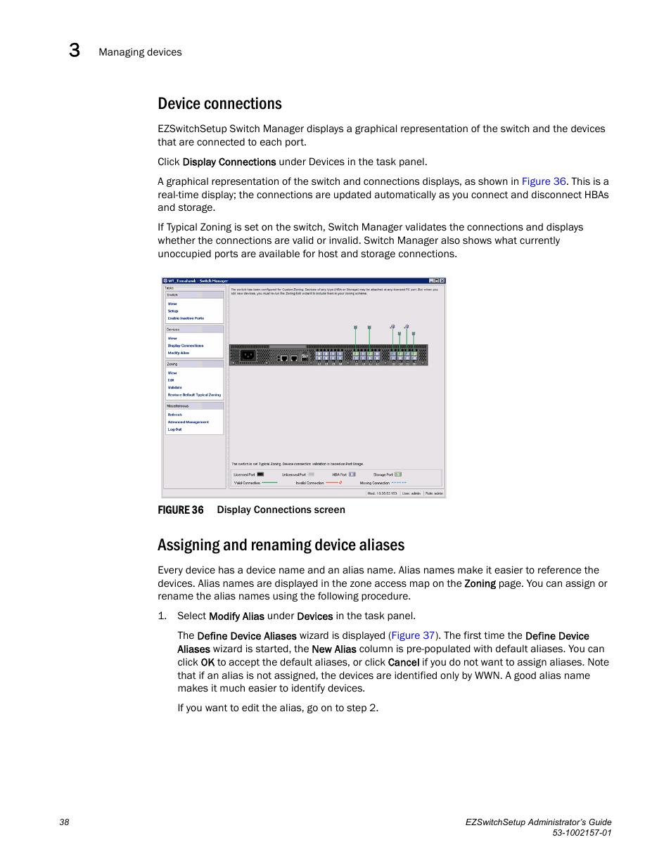 Device connections, Assigning and renaming device aliases | Brocade Communications Systems Brocade EZSwitchSetup 5100 User Manual | Page 50 / 64