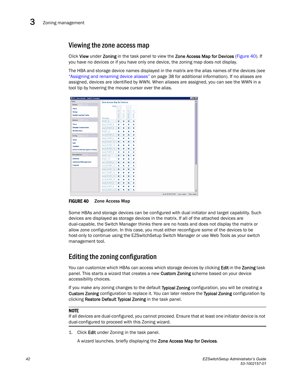 Viewing the zone access map, Editing the zoning configuration | Brocade Communications Systems Brocade EZSwitchSetup 5100 User Manual | Page 54 / 64