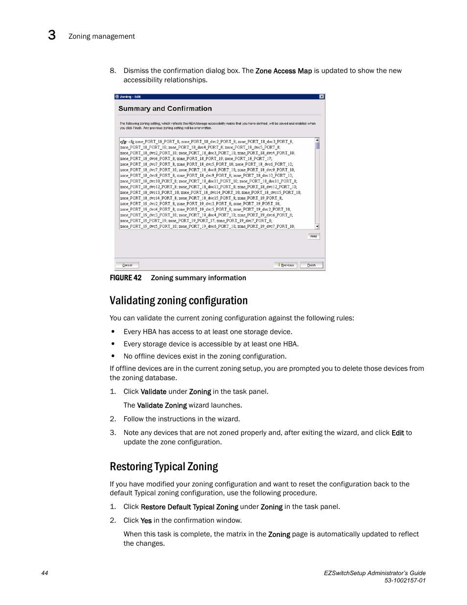 Validating zoning configuration, Restoring typical zoning | Brocade Communications Systems Brocade EZSwitchSetup 5100 User Manual | Page 56 / 64
