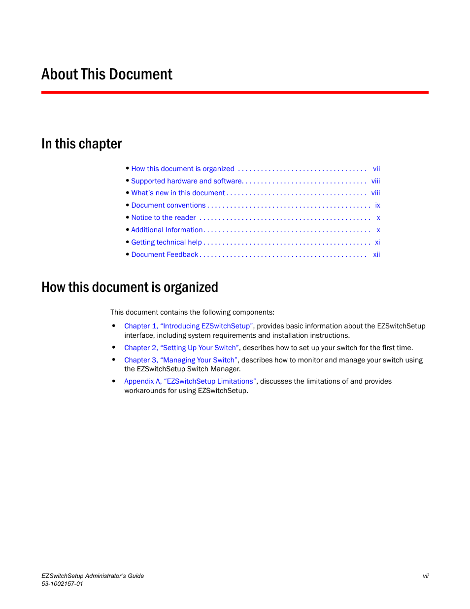 About this document, In this chapter, How this document is organized | Brocade Communications Systems Brocade EZSwitchSetup 5100 User Manual | Page 7 / 64