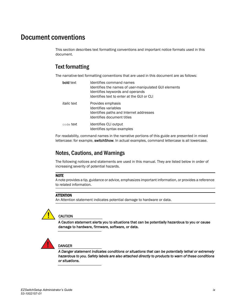 Document conventions, Text formatting, Notes, cautions, and warnings | Brocade Communications Systems Brocade EZSwitchSetup 5100 User Manual | Page 9 / 64