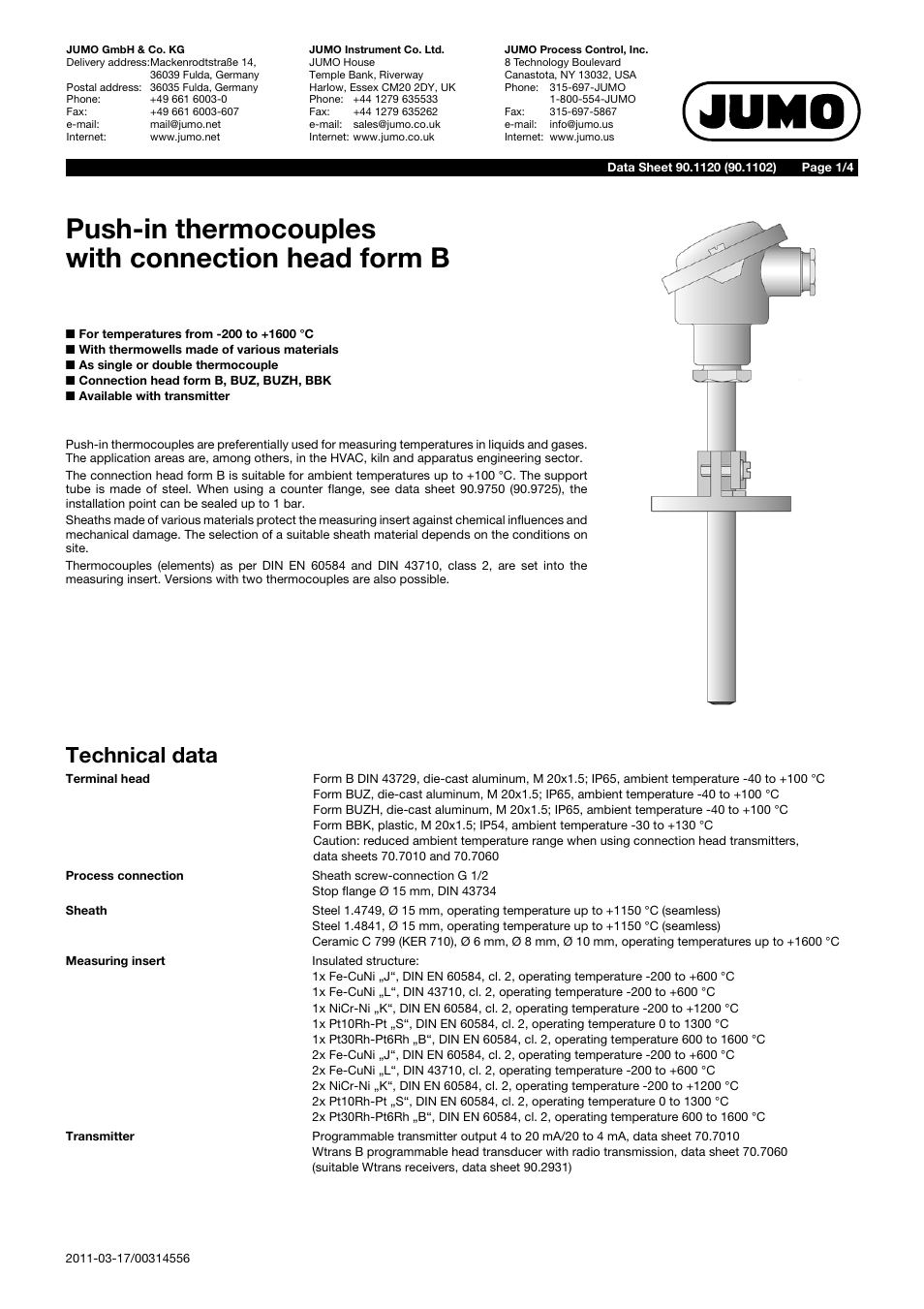 JUMO 901120 Push-In Thermocouples with Form B Terminal Head Data Sheet User Manual | 4 pages