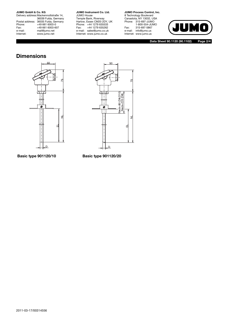 Dimensions | JUMO 901120 Push-In Thermocouples with Form B Terminal Head Data Sheet User Manual | Page 2 / 4