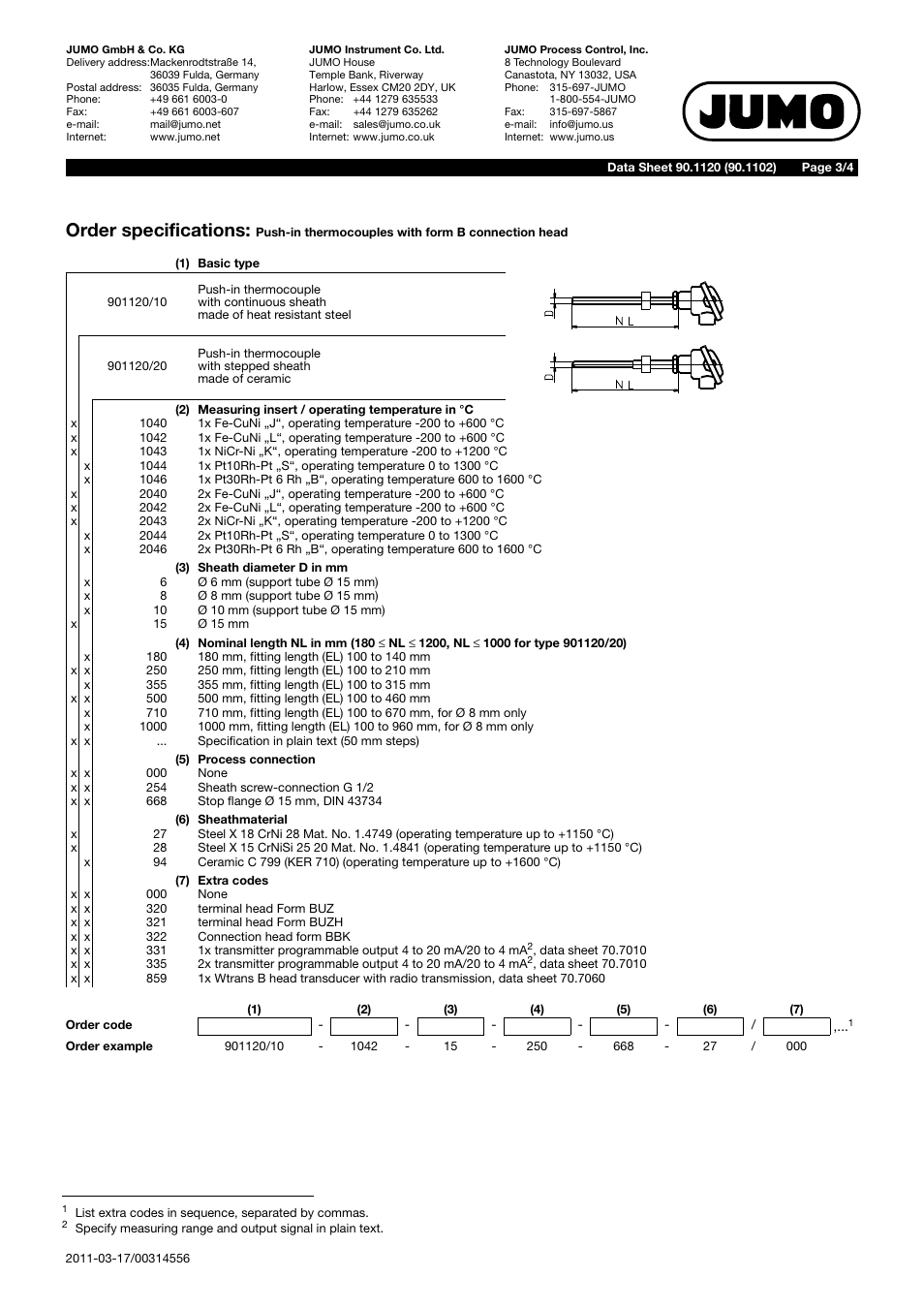 Order specifications | JUMO 901120 Push-In Thermocouples with Form B Terminal Head Data Sheet User Manual | Page 3 / 4